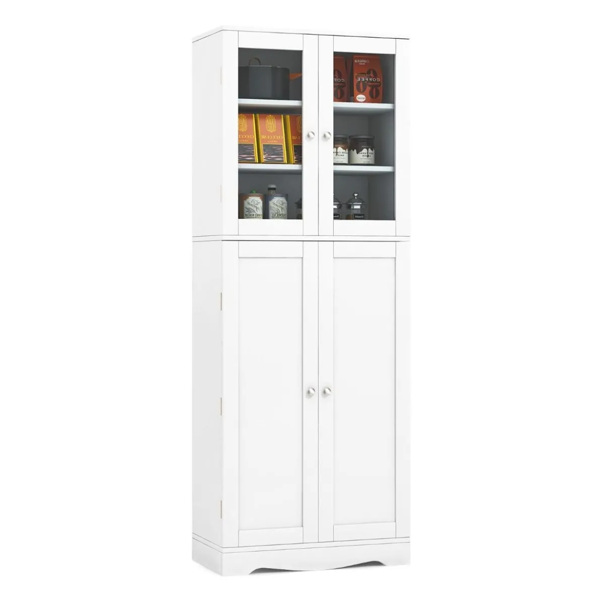 Küchenschrank aus Holz mit 2 Türen gehärtetem Glas & Regalen Hochschrank Weiß