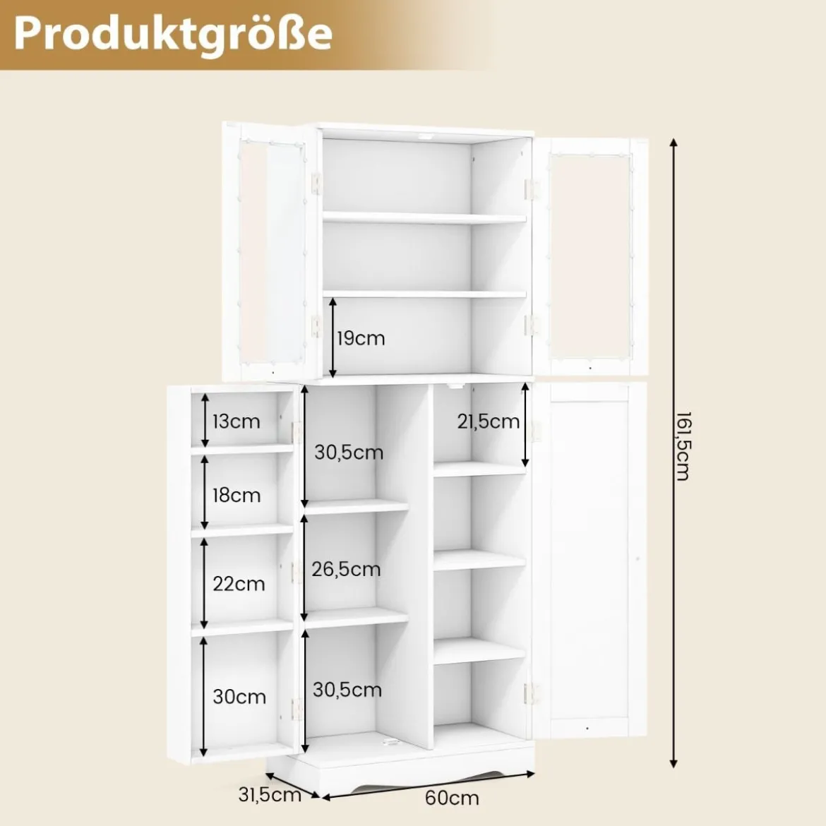 Küchenschrank aus Holz mit 2 Türen gehärtetem Glas & Regalen Hochschrank Weiß