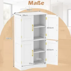 Küchenschrank aus Holz Vorratsschrank Küche Buffetschrank mit 4 Türen & 2 verstellbaren Regalen Schwarz/Weiß