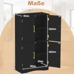 Küchenschrank aus Holz Vorratsschrank Küche Buffetschrank mit 4 Türen & 2 verstellbaren Regalen Schwarz/Weiß