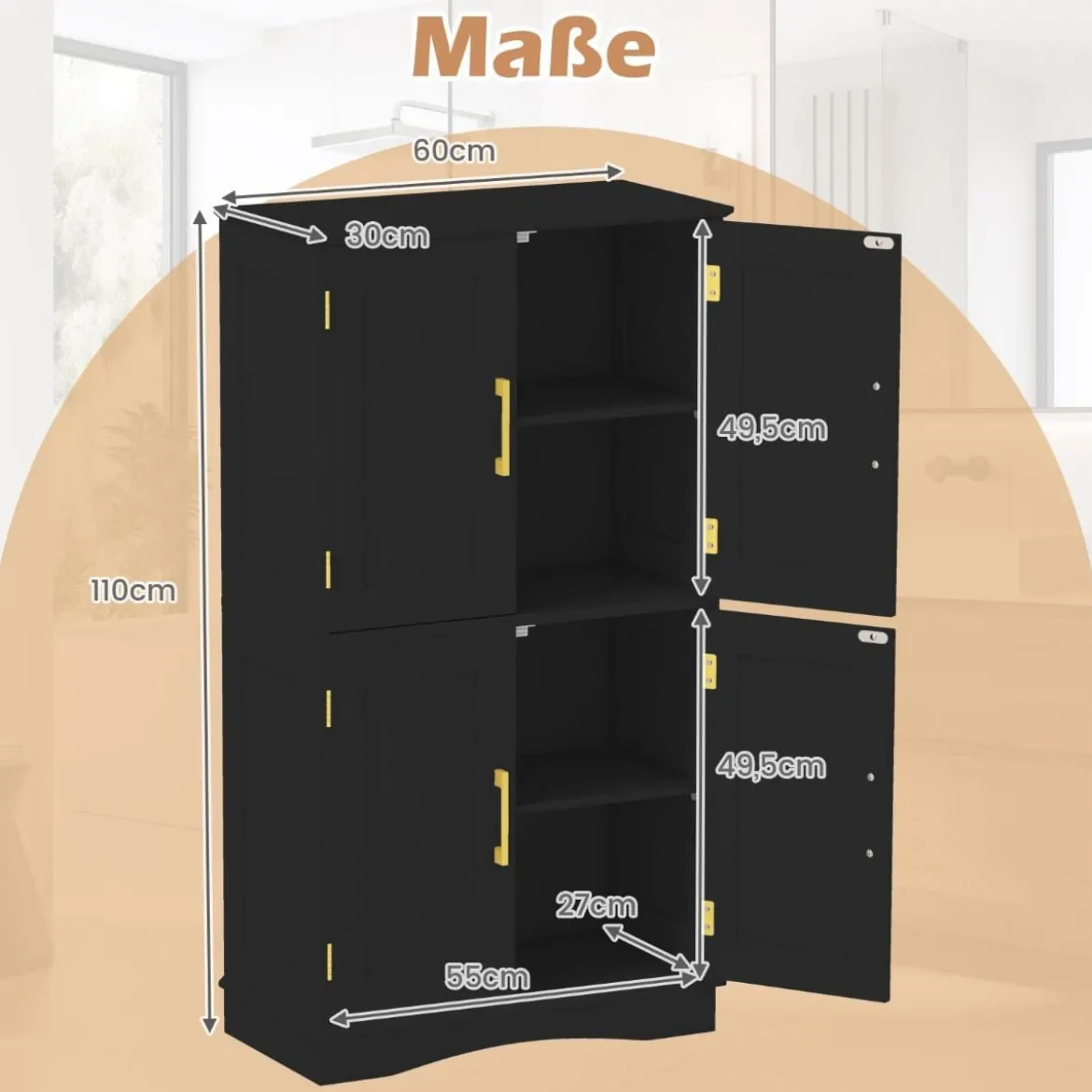 Küchenschrank aus Holz Vorratsschrank Küche Buffetschrank mit 4 Türen & 2 verstellbaren Regalen Schwarz/Weiß