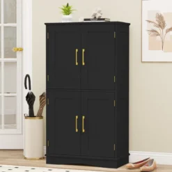 Küchenschrank aus Holz Vorratsschrank Küche Buffetschrank mit 4 Türen & 2 verstellbaren Regalen Schwarz/Weiß