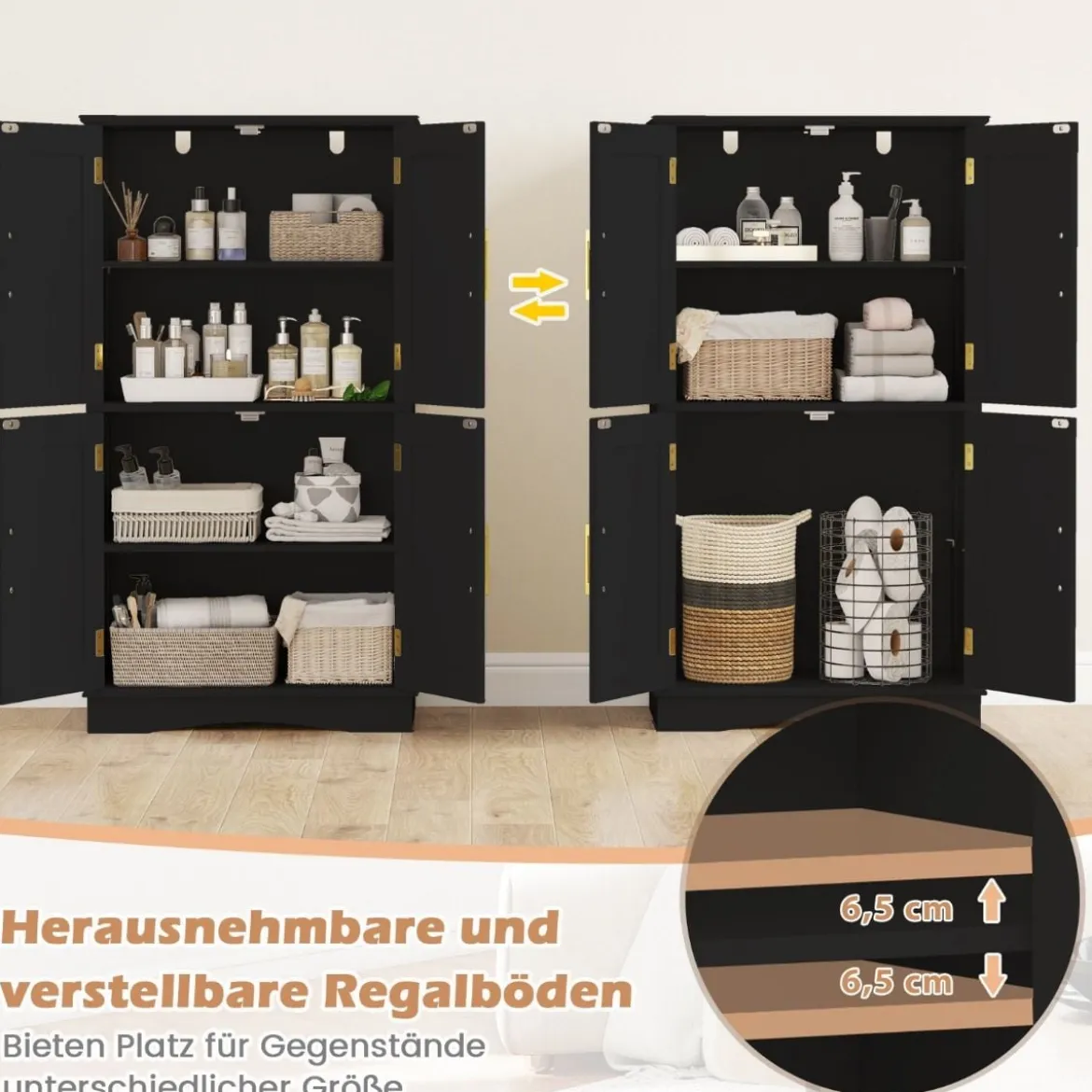 Küchenschrank aus Holz Vorratsschrank Küche Buffetschrank mit 4 Türen & 2 verstellbaren Regalen Schwarz/Weiß