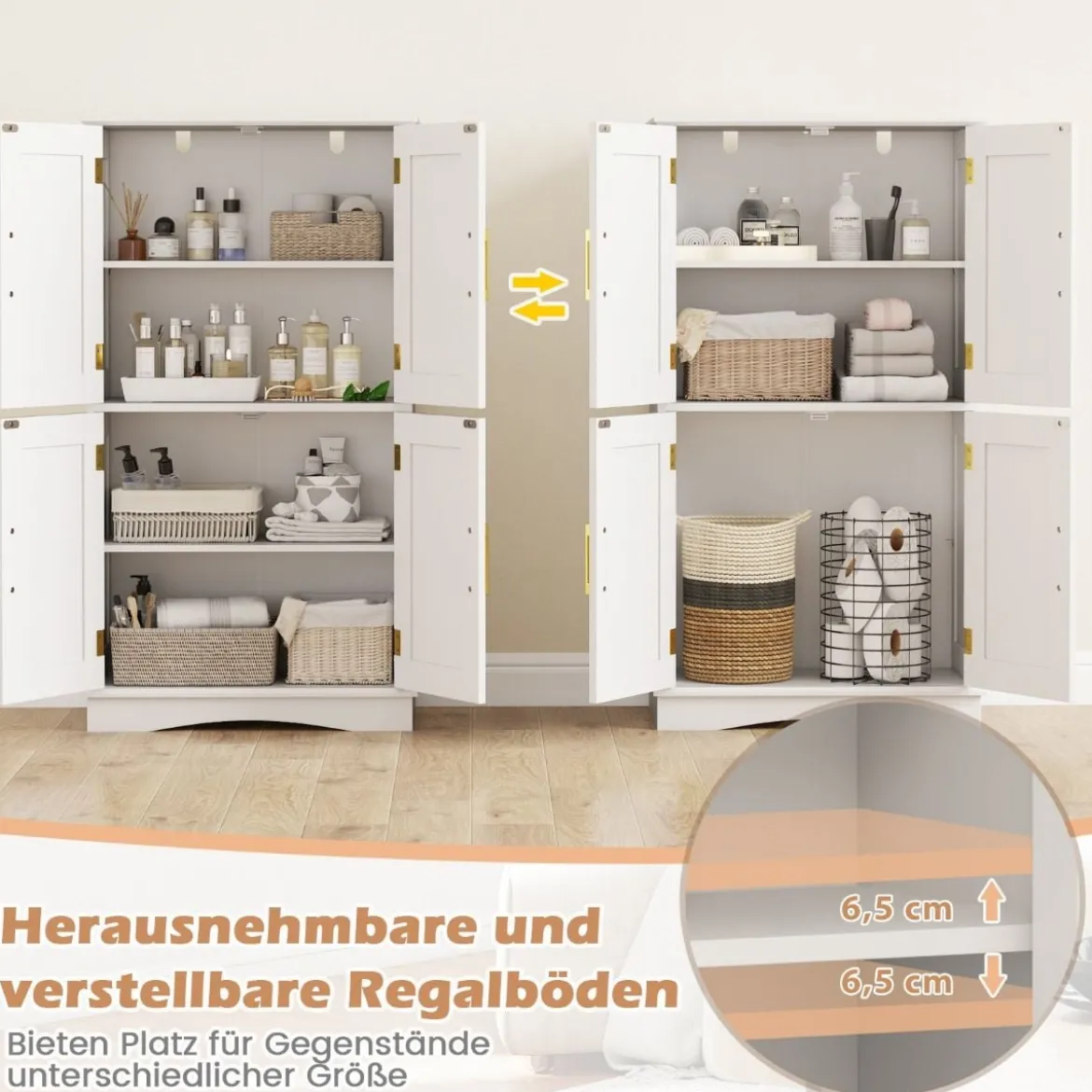 Küchenschrank aus Holz Vorratsschrank Küche Buffetschrank mit 4 Türen & 2 verstellbaren Regalen Schwarz/Weiß