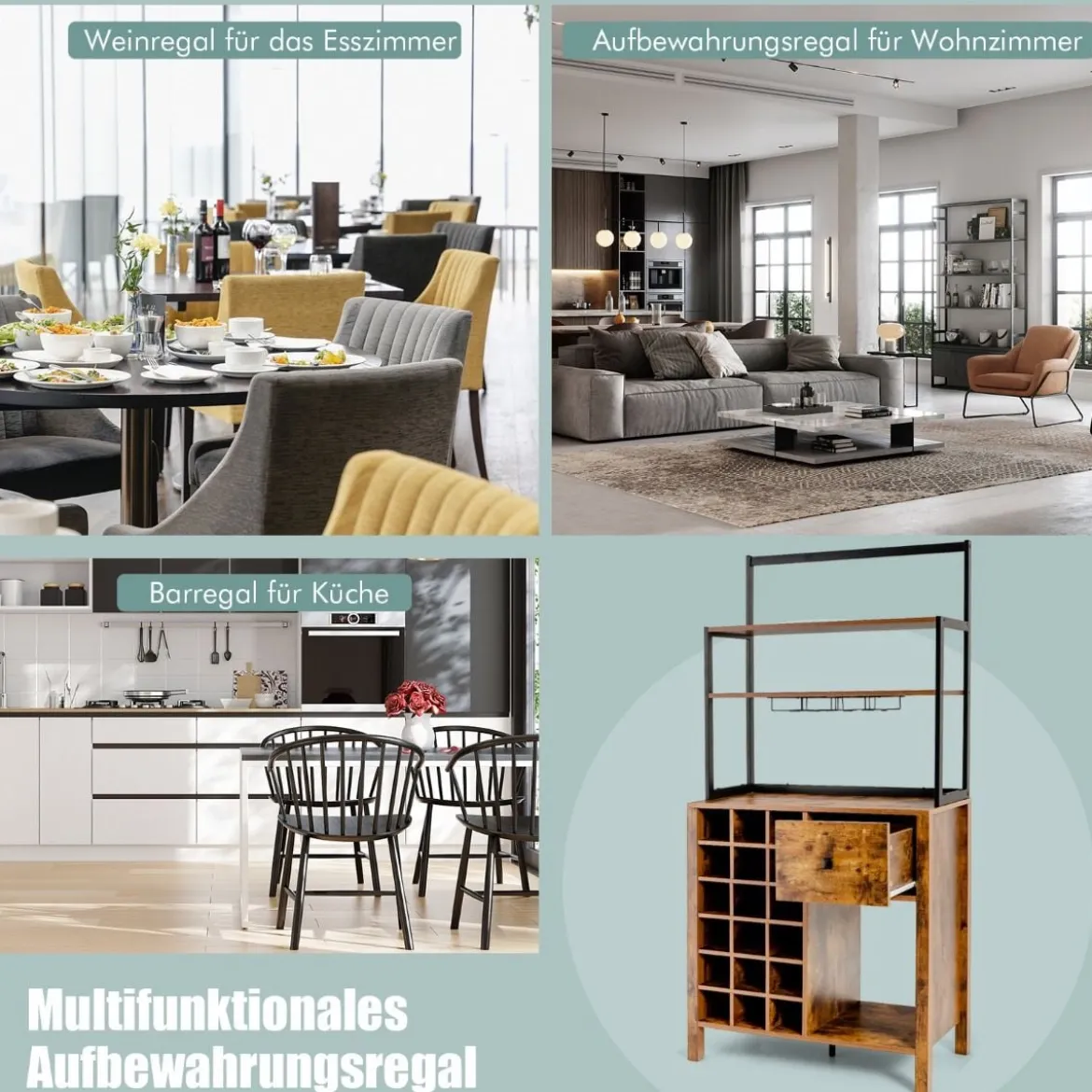 Küchenschrank 160cm Buffetschrank mit Weinregal für 18 Weinflaschen und Schublade 74 x 40 x 160 cm