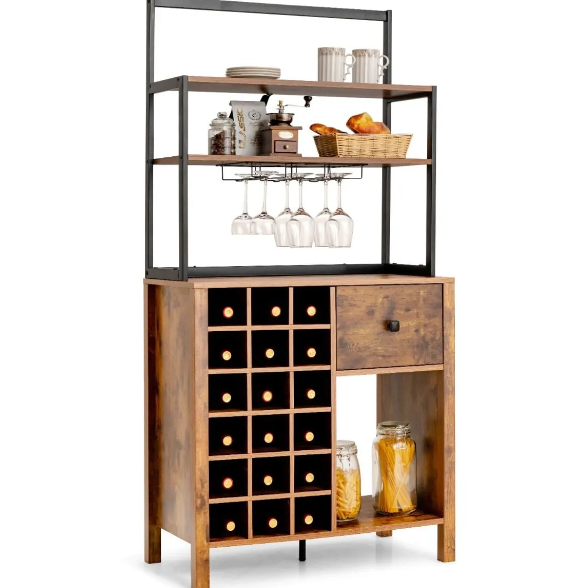 Küchenschrank 160cm Buffetschrank mit Weinregal für 18 Weinflaschen und Schublade 74 x 40 x 160 cm