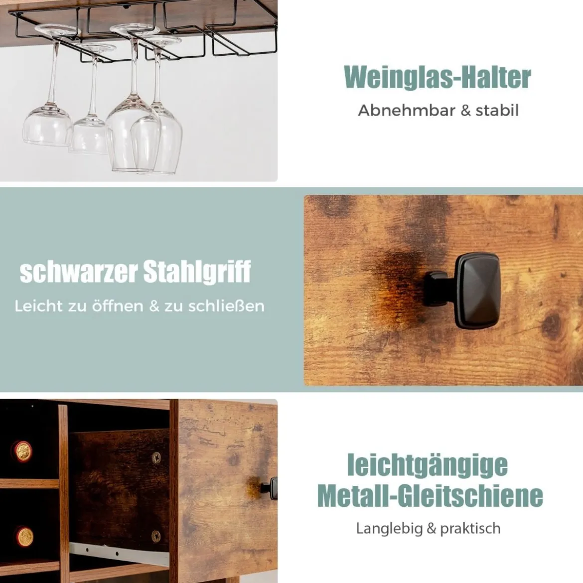 Küchenschrank 160cm Buffetschrank mit Weinregal für 18 Weinflaschen und Schublade 74 x 40 x 160 cm