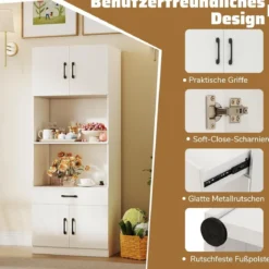 Küchenschrank 168 cm Buffetschrank mit Ladestation 1 USB & 1 Typ-C Vorratsschrank Küche mit 4 Türen Weiß