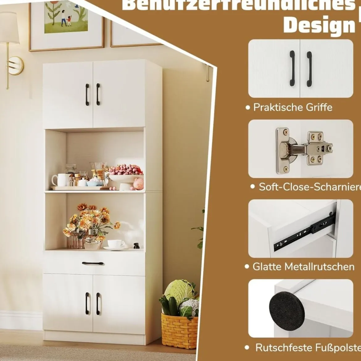 Küchenschrank 168 cm Buffetschrank mit Ladestation 1 USB & 1 Typ-C Vorratsschrank Küche mit 4 Türen Weiß