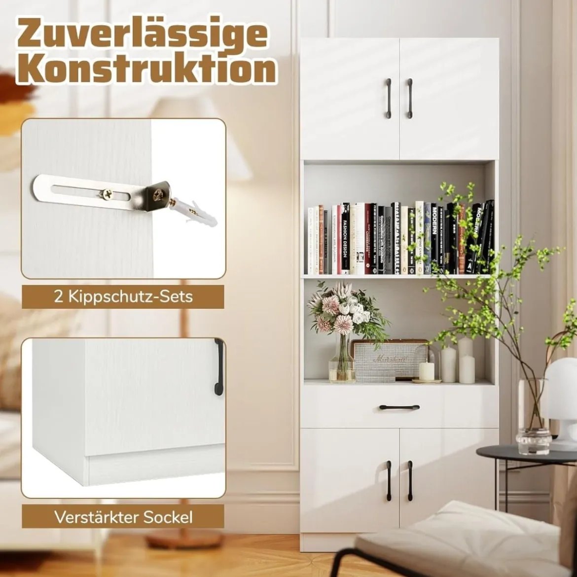Küchenschrank 168 cm Buffetschrank mit Ladestation 1 USB & 1 Typ-C Vorratsschrank Küche mit 4 Türen Weiß