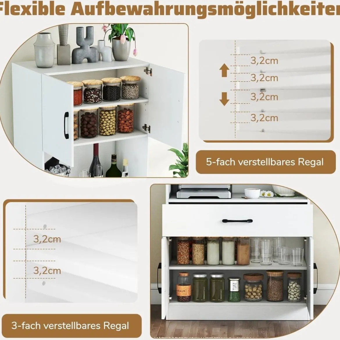 Küchenschrank 168 cm Buffetschrank mit Ladestation 1 USB & 1 Typ-C Vorratsschrank Küche mit 4 Türen Weiß