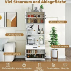 Küchenschrank 168 cm Buffetschrank mit Ladestation 1 USB & 1 Typ-C Vorratsschrank Küche mit 4 Türen Weiß
