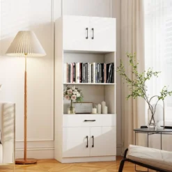 Küchenschrank 168 cm Buffetschrank mit Ladestation 1 USB & 1 Typ-C Vorratsschrank Küche mit 4 Türen Weiß