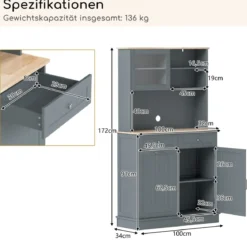 Küchenschrank für 45 L Mülleimer mit 2 Schubladen & Verstellbaren Einlegeböden Buffetschrank Grau