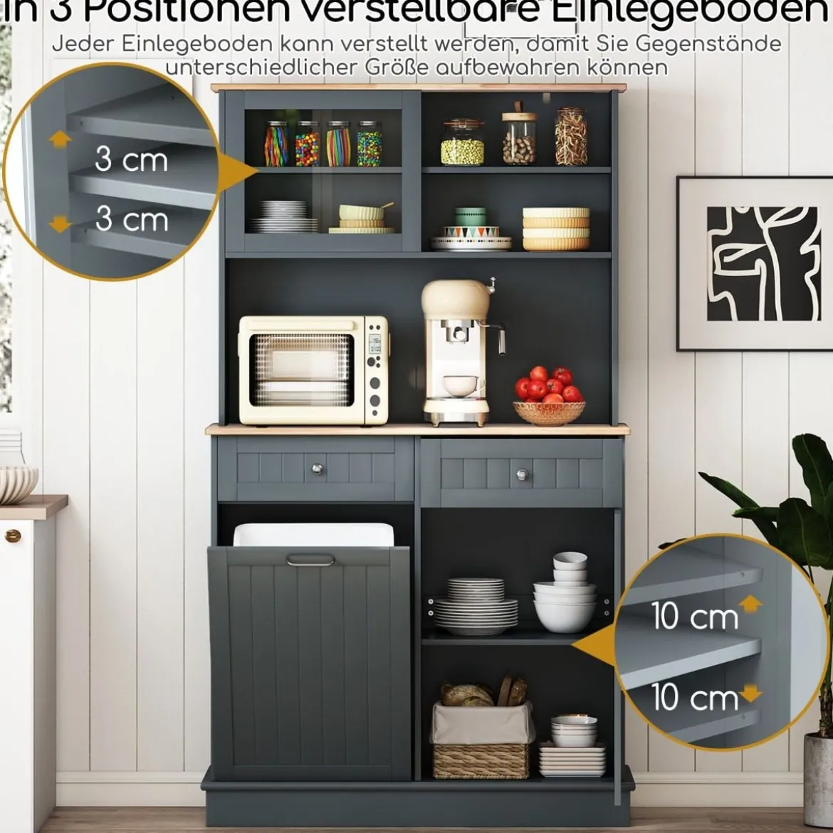Küchenschrank für 45 L Mülleimer mit 2 Schubladen & Verstellbaren Einlegeböden Buffetschrank Grau