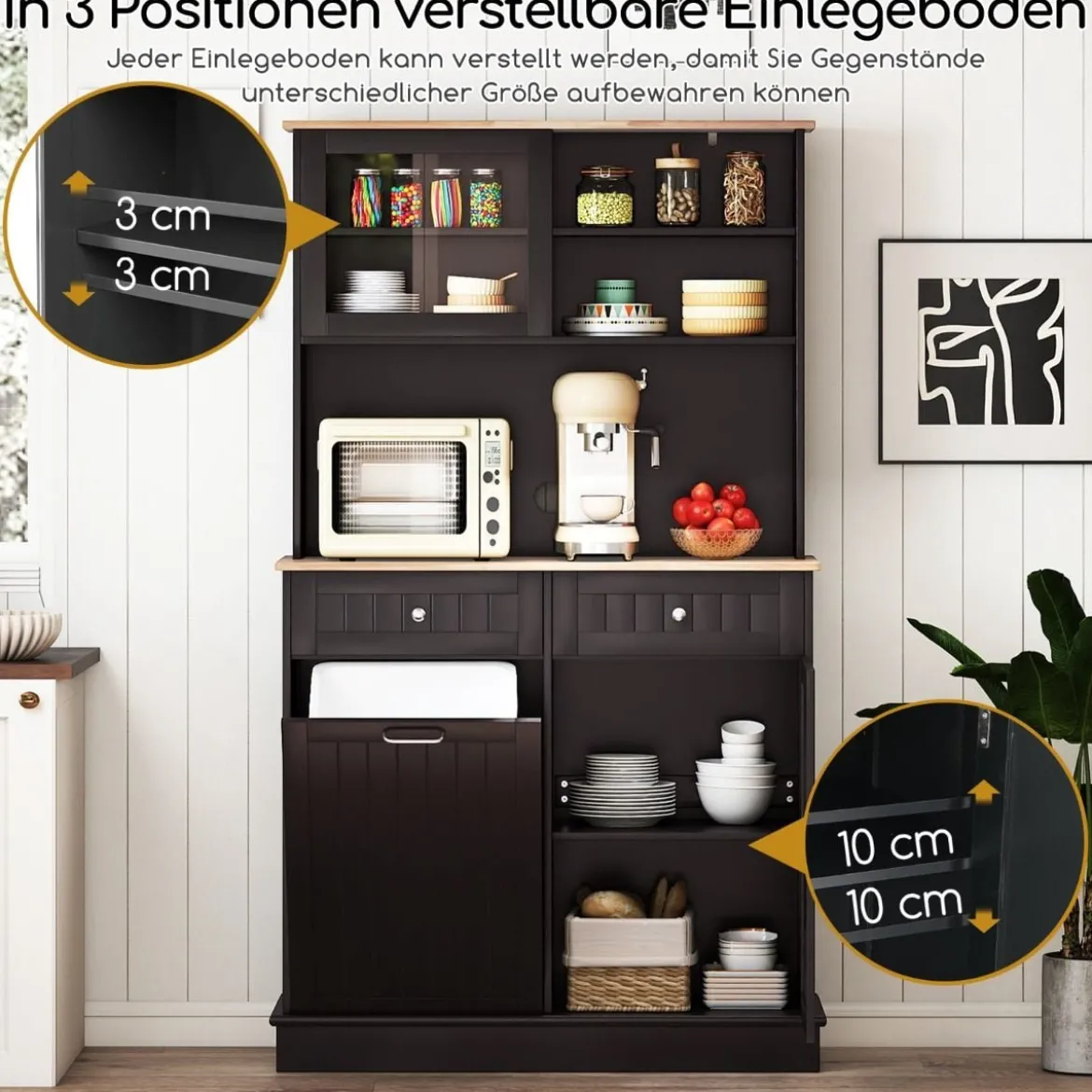 Küchenschrank für 45 L Mülleimer mit 2 Schubladen & Verstellbaren Einlegeböden Buffetschrank Schwarz
