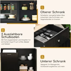 Küchenschrank für 45 L Mülleimer mit 2 Schubladen & Verstellbaren Einlegeböden Buffetschrank Schwarz