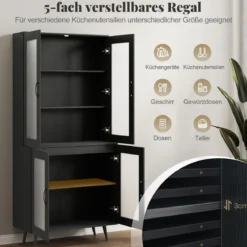 Küchenschrank hoch 178,5 cm Küchenregal mit 4 transparenten Türen & verstellbares Regal Schwarz