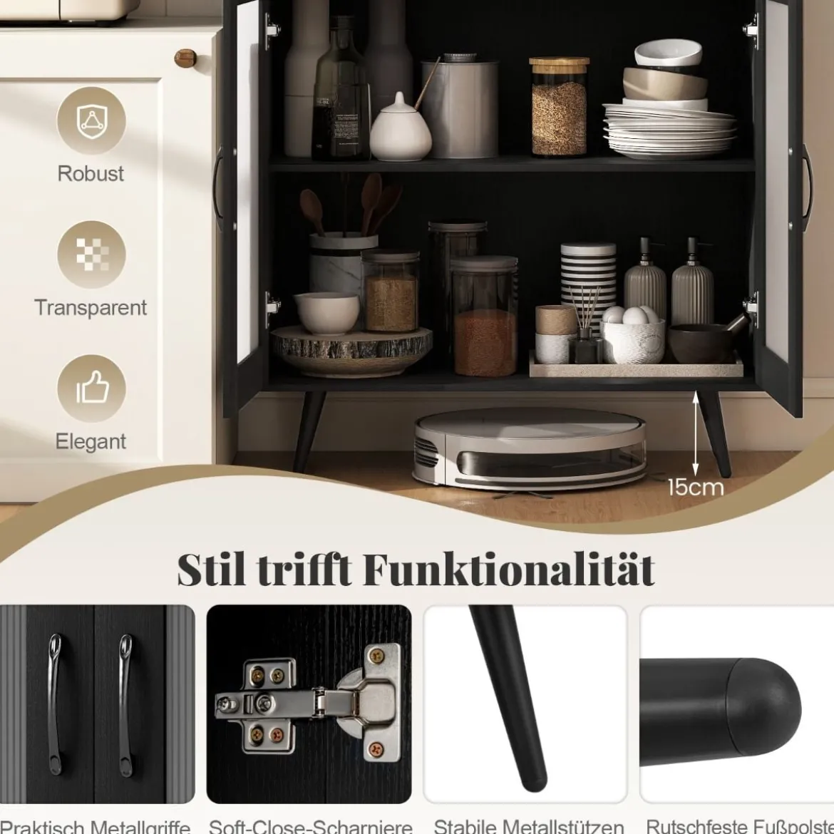 Küchenschrank hoch 178,5 cm Küchenregal mit 4 transparenten Türen & verstellbares Regal Schwarz