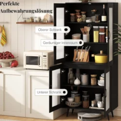 Küchenschrank hoch 178,5 cm Küchenregal mit 4 transparenten Türen & verstellbares Regal Schwarz