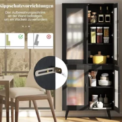 Küchenschrank hoch 178,5 cm Küchenregal mit 4 transparenten Türen & verstellbares Regal Schwarz