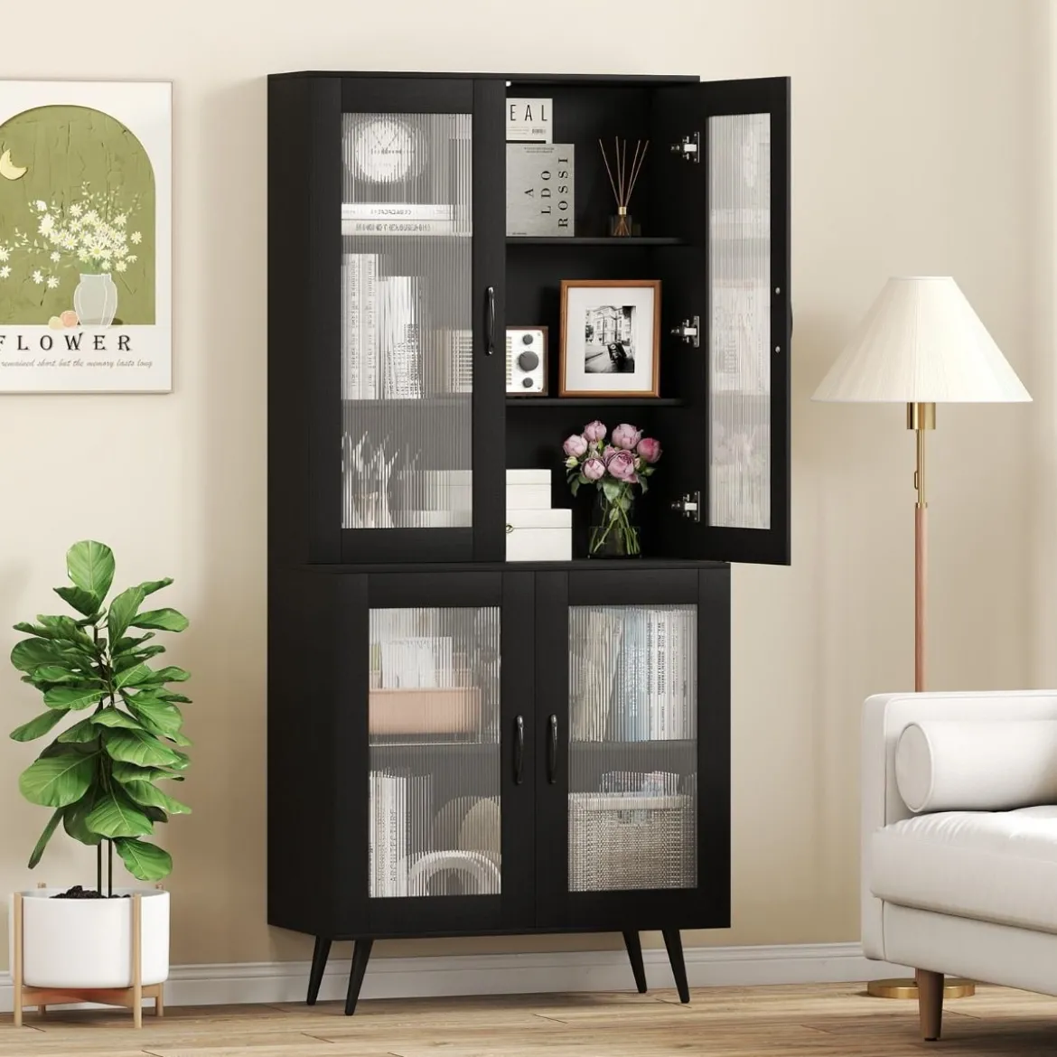 Küchenschrank hoch 178,5 cm Küchenregal mit 4 transparenten Türen & verstellbares Regal Schwarz