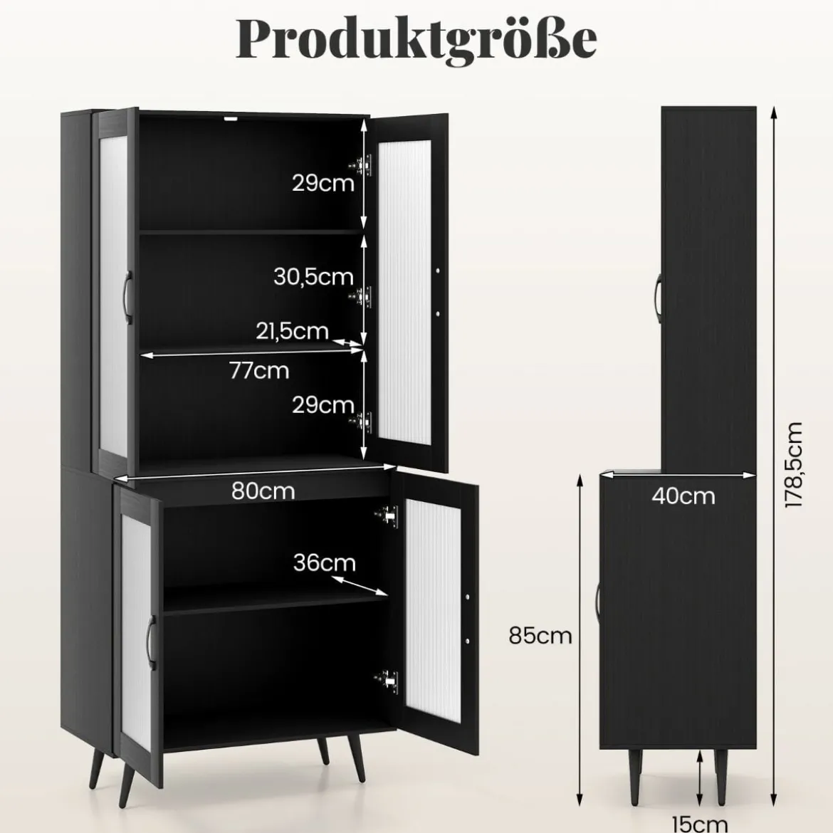 Küchenschrank hoch 178,5 cm Küchenregal mit 4 transparenten Türen & verstellbares Regal Schwarz
