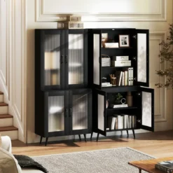 Küchenschrank hoch 178,5 cm Küchenregal mit 4 transparenten Türen & verstellbares Regal Schwarz