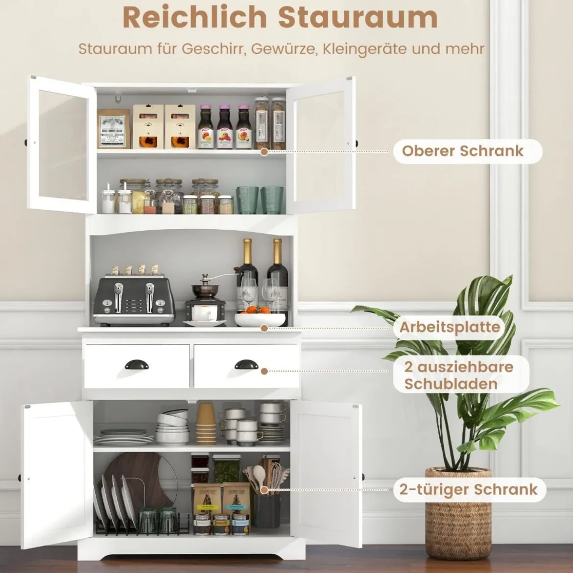 Küchenschrank hoch Hochschrank mit 4 Türen & 2 Schubladen & Arbeitsplatte & 2 Schränken 80 x 40 x 170 cm Weiß
