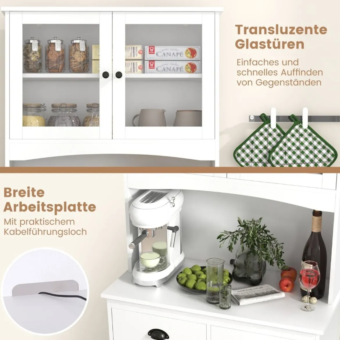 Küchenschrank hoch Hochschrank mit 4 Türen & 2 Schubladen & Arbeitsplatte & 2 Schränken 80 x 40 x 170 cm Weiß