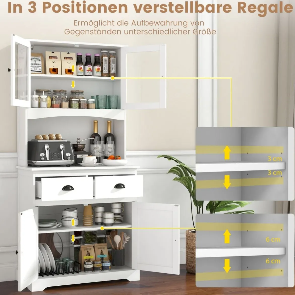 Küchenschrank hoch Hochschrank mit 4 Türen & 2 Schubladen & Arbeitsplatte & 2 Schränken 80 x 40 x 170 cm Weiß