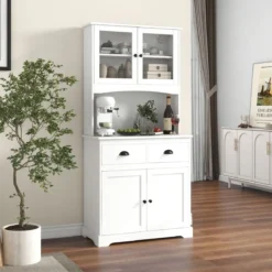 Küchenschrank hoch Hochschrank mit 4 Türen & 2 Schubladen & Arbeitsplatte & 2 Schränken 80 x 40 x 170 cm Weiß