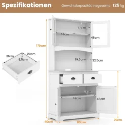 Küchenschrank hoch Hochschrank mit 4 Türen & 2 Schubladen & Arbeitsplatte & 2 Schränken 80 x 40 x 170 cm Weiß