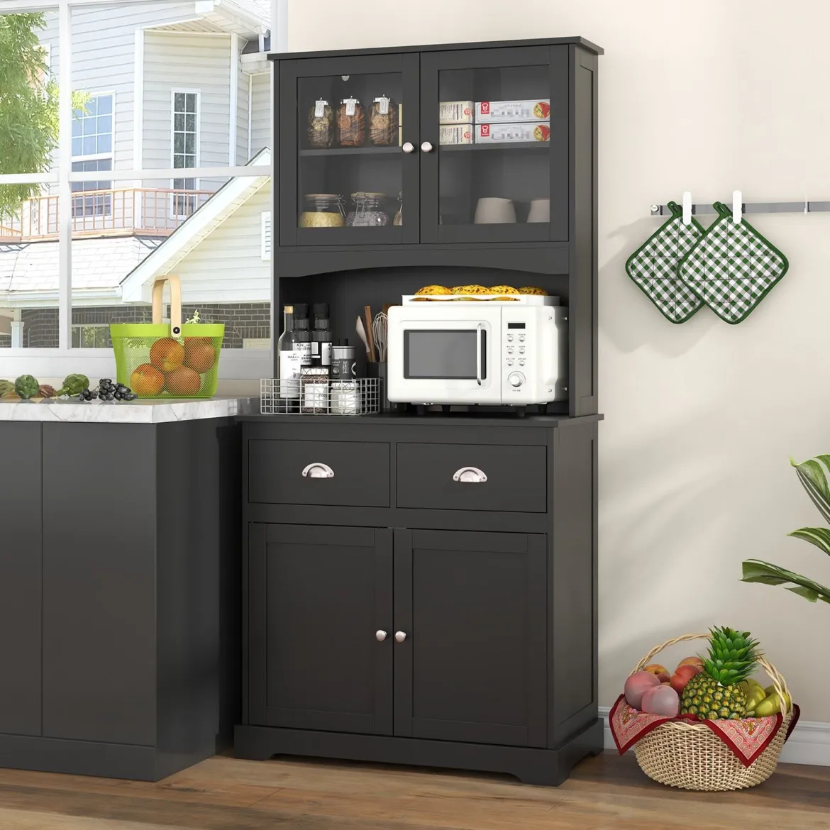 Küchenschrank Hochschrank mit 4 Türen & 2 Schubladen & Arbeitsplatte & 2 Schränken 80 x 40 x 170 cm Schwarz