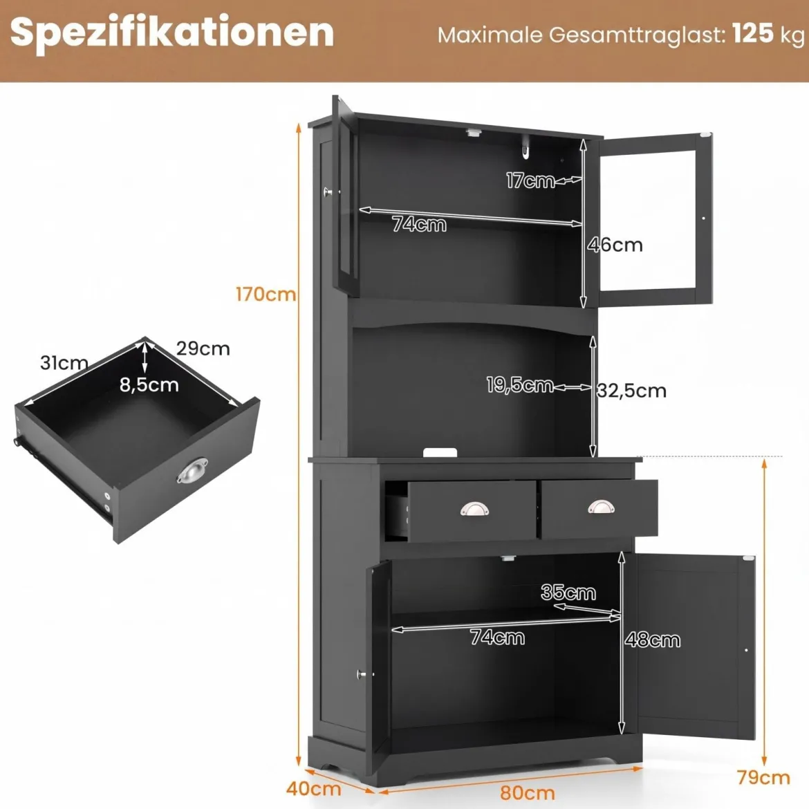 Küchenschrank Hochschrank mit 4 Türen & 2 Schubladen & Arbeitsplatte & 2 Schränken 80 x 40 x 170 cm Schwarz