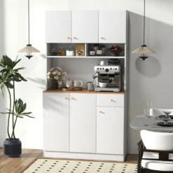 Küchenschrank Holz Buffetschrank mit Steckdosen & USB-Anschlüssen Hochschrank Küchen 100 x 40 x 181 cm Weiß