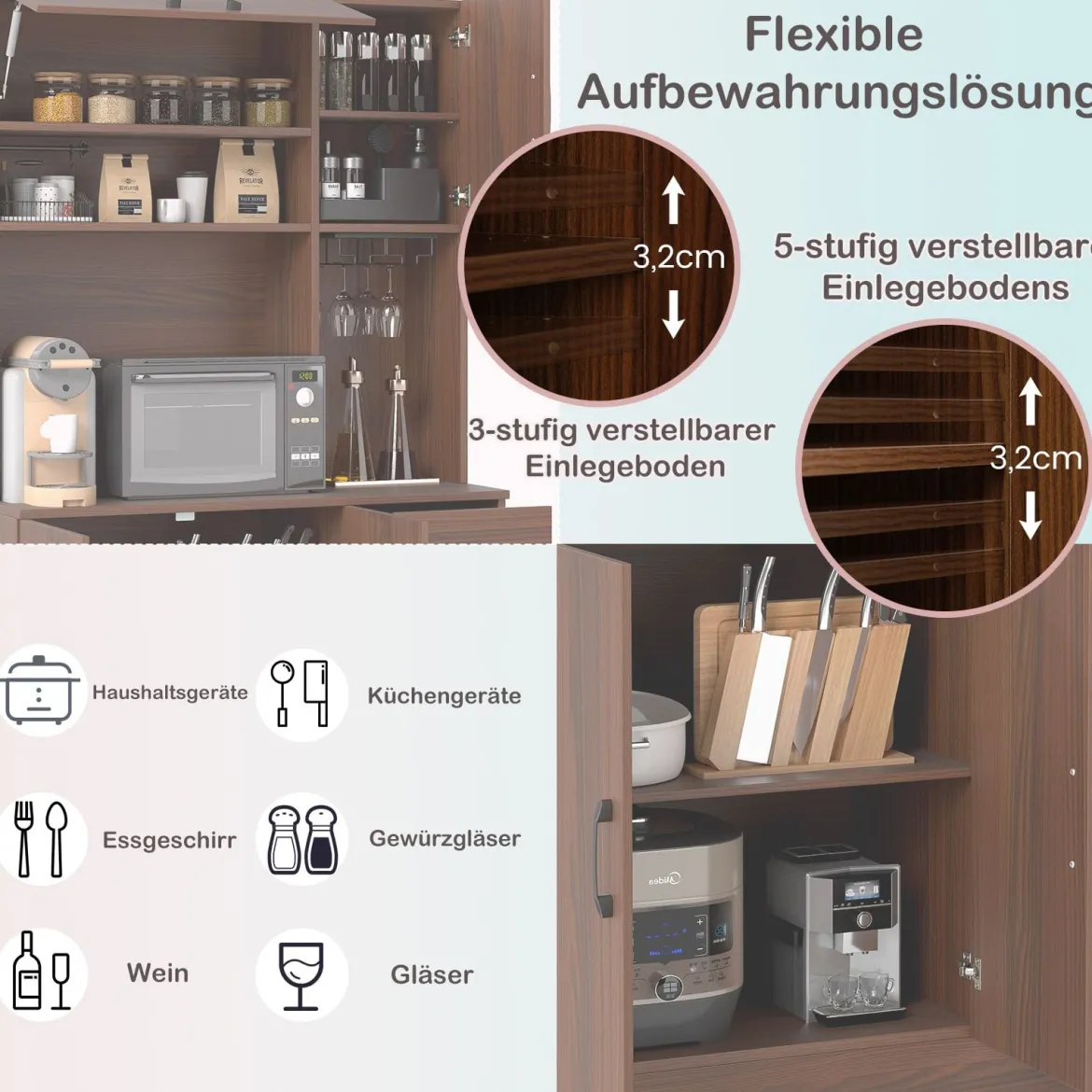 Küchenschrank Holz Buffetschrank mit Steckdosen & USB-Anschlüsse & Type C Hochschrank Braun 90 x 39 x 167 cm