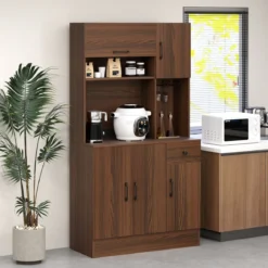 Küchenschrank Holz Buffetschrank mit Steckdosen & USB-Anschlüsse & Type C Hochschrank Braun 90 x 39 x 167 cm