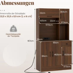 Küchenschrank Holz Buffetschrank mit Steckdosen & USB-Anschlüsse & Type C Hochschrank Braun 90 x 39 x 167 cm