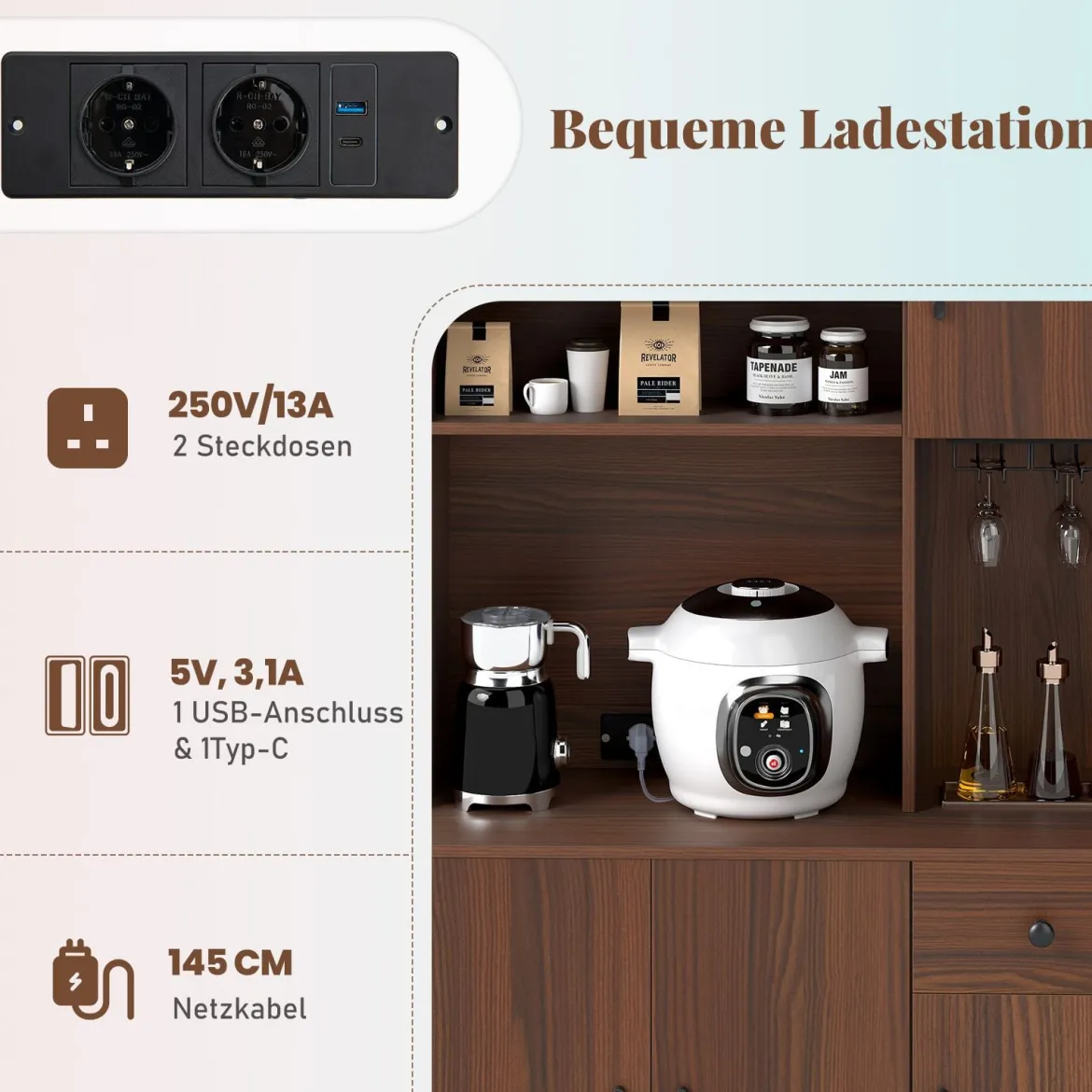 Küchenschrank Holz Buffetschrank mit Steckdosen & USB-Anschlüsse & Type C Hochschrank Braun 90 x 39 x 167 cm