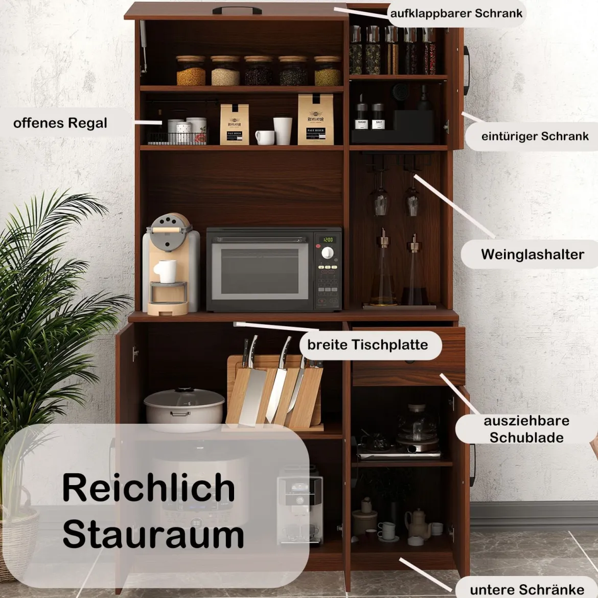 Küchenschrank Holz Buffetschrank mit Steckdosen & USB-Anschlüsse & Type C Hochschrank Braun 90 x 39 x 167 cm
