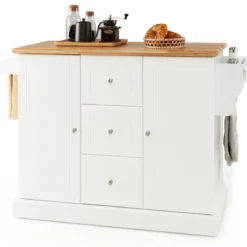 Küchenschrank Holz Kücheninsel mit 5 versteckten Rollen Küchenwagen mit Arbeitsplatte 127 x 46 x 91,5 cm Weiß