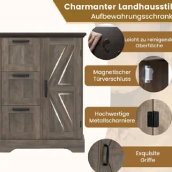 Küchenschrank Holz Landhaus Aktenschrank mit Schiebetür & 3 Schubladen freistehender Buffetschrank Grau