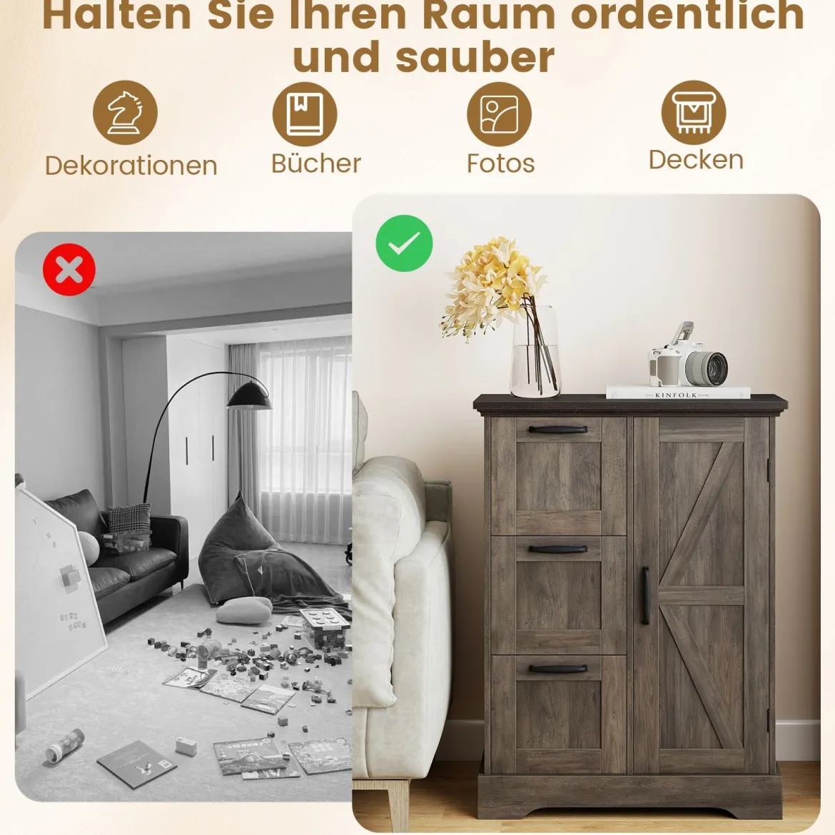 Küchenschrank Holz Landhaus Aktenschrank mit Schiebetür & 3 Schubladen freistehender Buffetschrank Grau