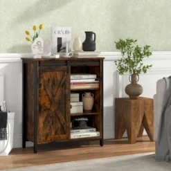 Küchenschrank im Farmhaus-Stil Rustikales Sideboard mit Schiebetür & Verstellbaren Regalen