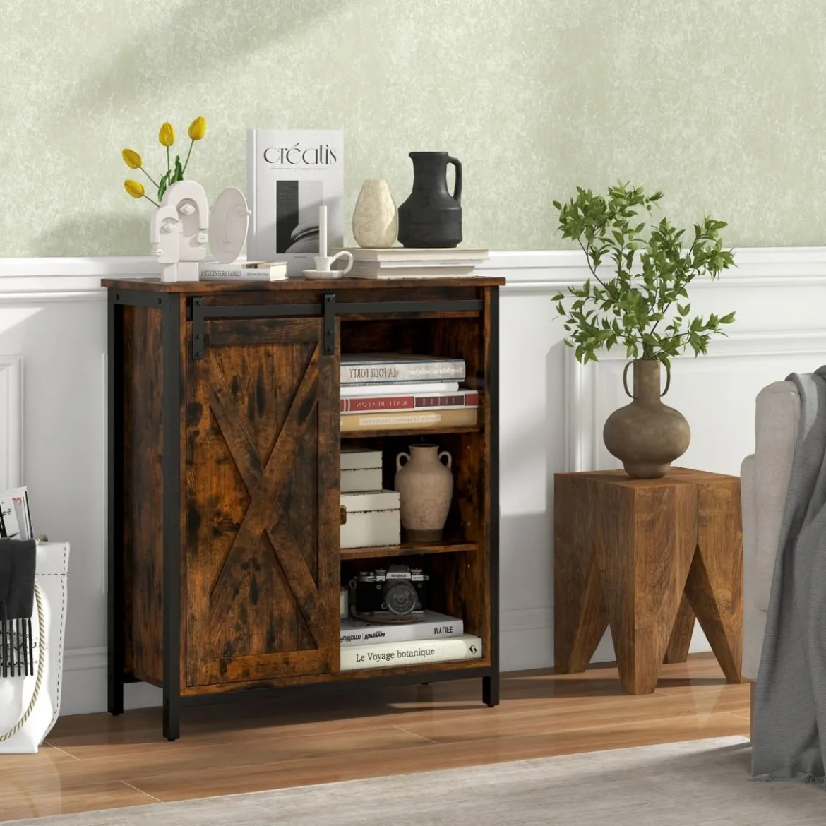 Küchenschrank im Farmhaus-Stil Rustikales Sideboard mit Schiebetür & Verstellbaren Regalen