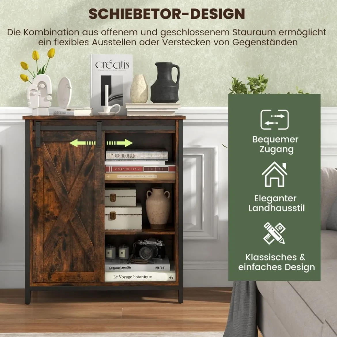 Küchenschrank im Farmhaus-Stil Rustikales Sideboard mit Schiebetür & Verstellbaren Regalen