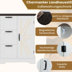Küchenschrank im Landhausstil mit Türen & 3 Schubladen Buffetschrank Aufbewahrungsschrank Weiß