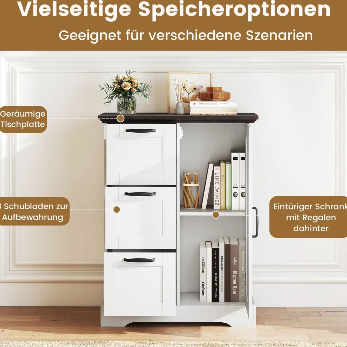 Küchenschrank im Landhausstil mit Türen & 3 Schubladen Buffetschrank Aufbewahrungsschrank Weiß