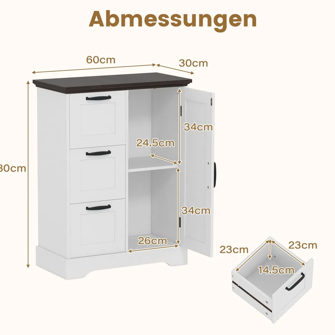 Küchenschrank im Landhausstil mit Türen & 3 Schubladen Buffetschrank Aufbewahrungsschrank Weiß